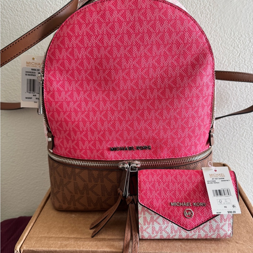 Michael Kors Pink and Brown Logo Backpack with Black Accents